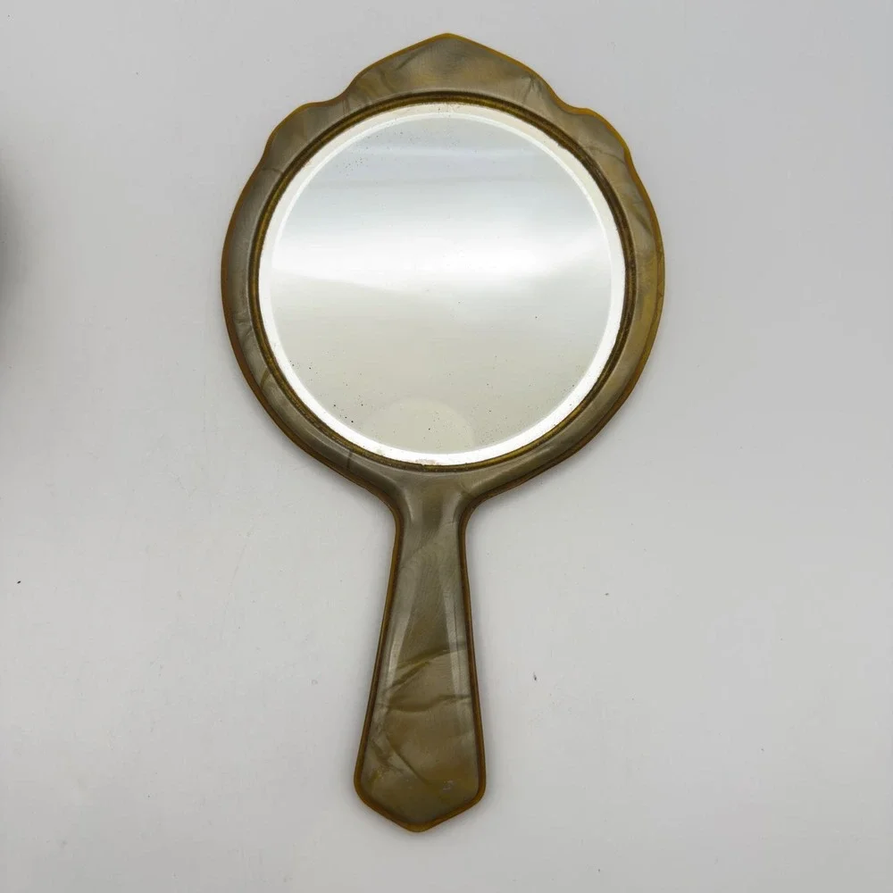 Vintage‎ Celluloid Hand Mirror Marbled Grey Tan Art Deco Vanity Accessory